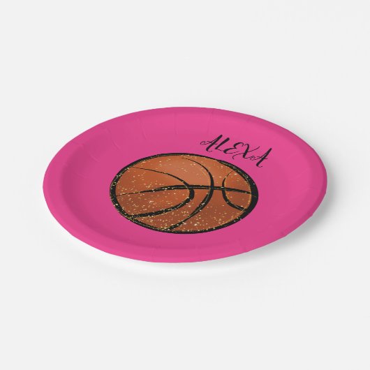 Basketball Party Teller für Mädchen in rosa. (Schrägansicht)