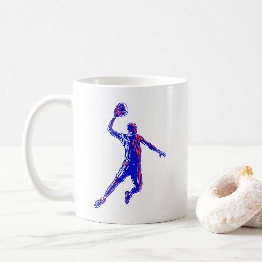 Basketball Player Slam Dunk, Rot und Blau Design Kaffeetasse (Mit Donut)