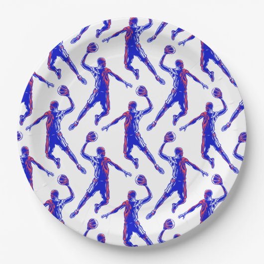 Basketball Player Slam Dunk, Rot und Blau Design Pappteller (Vorderseite)