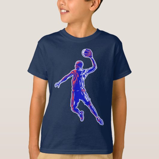 Basketball Player Slam Dunk, Rot und Blau Design T-Shirt (Vorderseite)