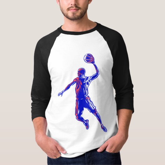 Basketball Player Slam Dunk, Rot und Blau Design T-Shirt (Vorderseite)