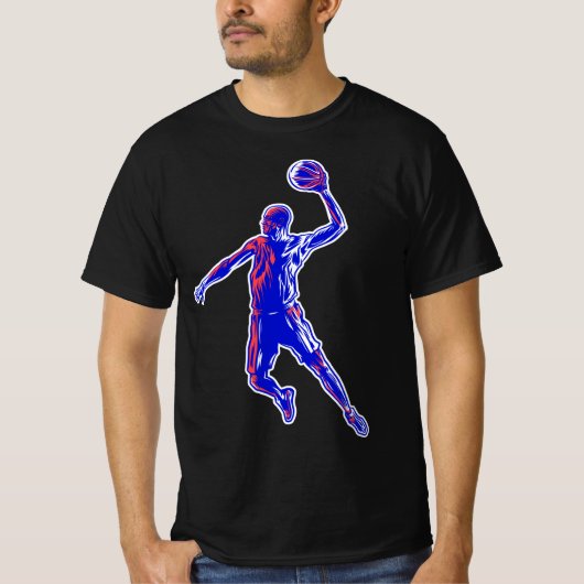 Basketball Player Slam Dunk, Rot und Blau Design T-Shirt (Vorderseite)