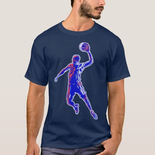 Basketball Player Slam Dunk, Rot und Blau Design T-Shirt (Vorderseite)