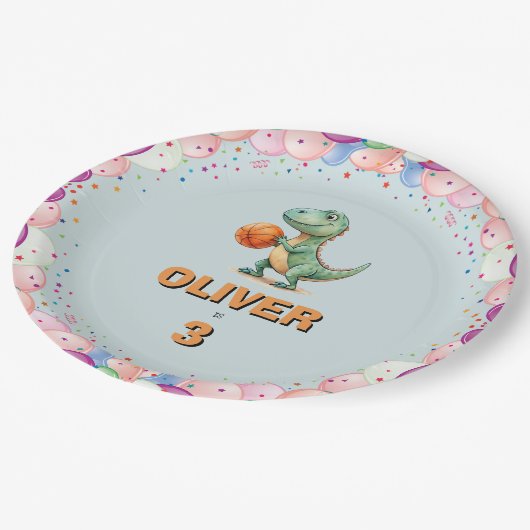 Basketball Player T-rex Geburtstag Pappteller (Schrägansicht)