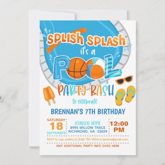 Basketball Pool Party Einladung - Junge - Wa (Vorderseite)