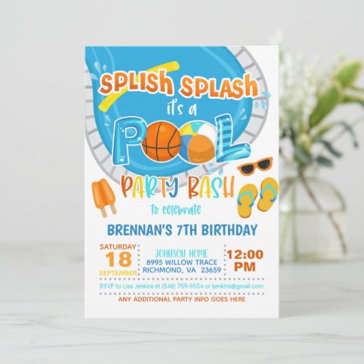 Basketball Pool Party Einladung - Junge - Weiß (Stehend Vorderseite)