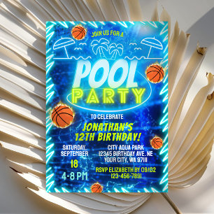 Basketball-Poolparty Neon Glow Blau Jungen Geburts Einladung