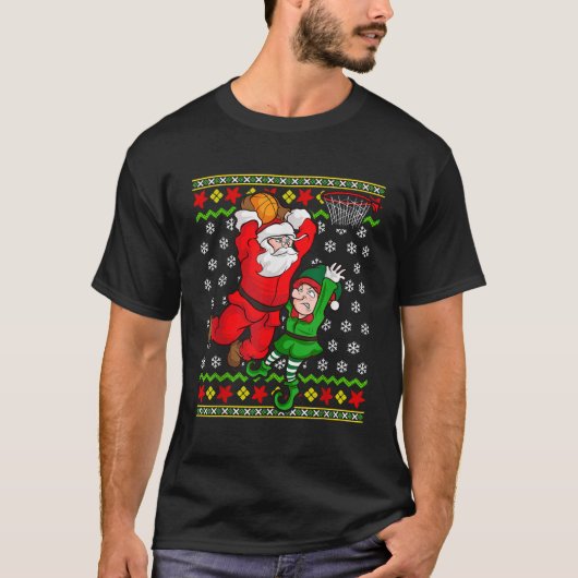 Basketball Santa Claus Slam Dunk Elf Ugly Christma T-Shirt (Vorderseite)