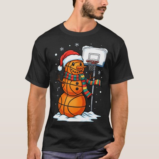 Basketball Snowman Christmas Santa Hat Funny Xmas T-Shirt (Vorderseite)