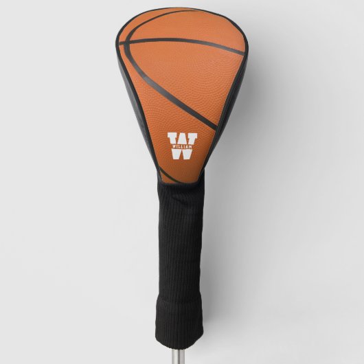 Basketball Sport Orange & Black Name Monogram Golf Headcover (Vorderseite)
