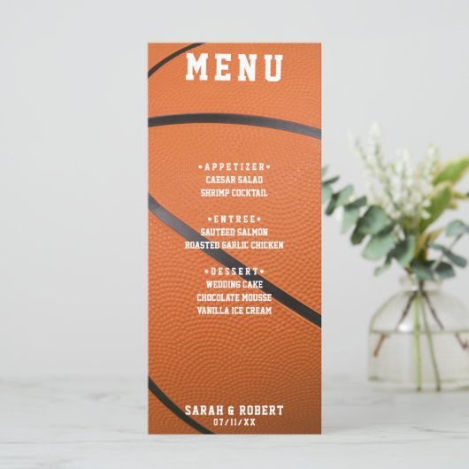 Basketball Sport Orange Hochzeitsempfang Menükarte (Stehend Vorderseite)