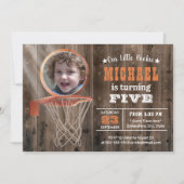 Basketball Sport Rustikales Holz Foto Geburtstag Einladung (Vorderseite)
