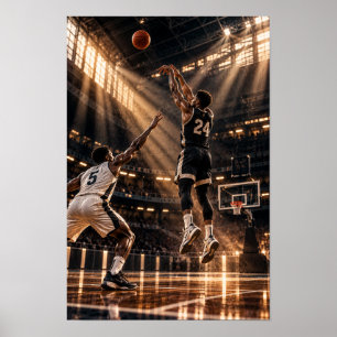Basketball-Sprungwurf unter goldenem Arenabeschein Poster