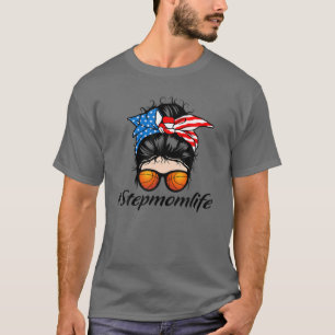 Basketball StepMom Life Messy Bun American Flag Ba T-Shirt
