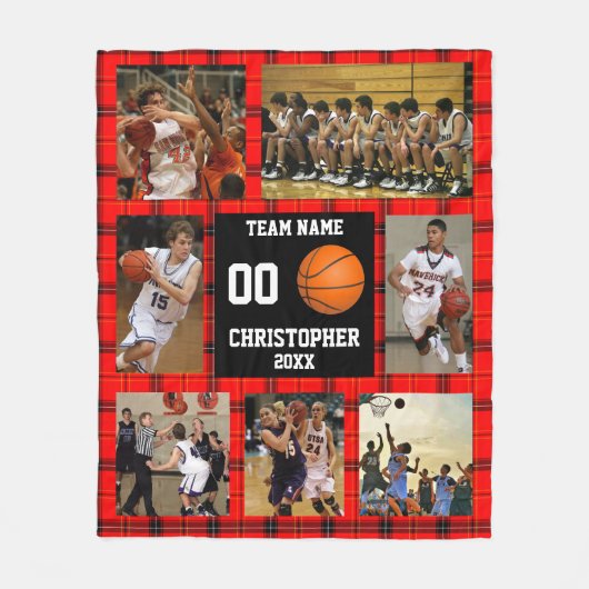 Basketball Team Foto Collage Red Tartan Fleecedecke (Vorderseite)
