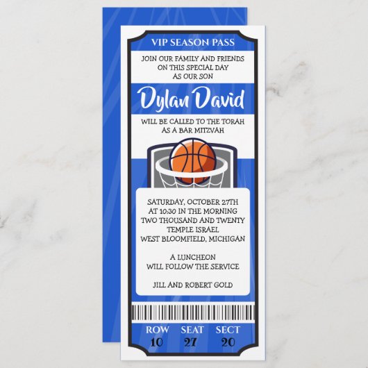 BASKETBALL TICKET Bar Bat Mitzvah Einladung (Vorne/Hinten)