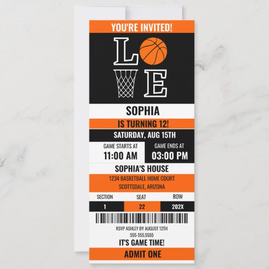 Basketball Ticket Geburtstag,Basketball Girl-Spiel Einladung (Vorderseite)