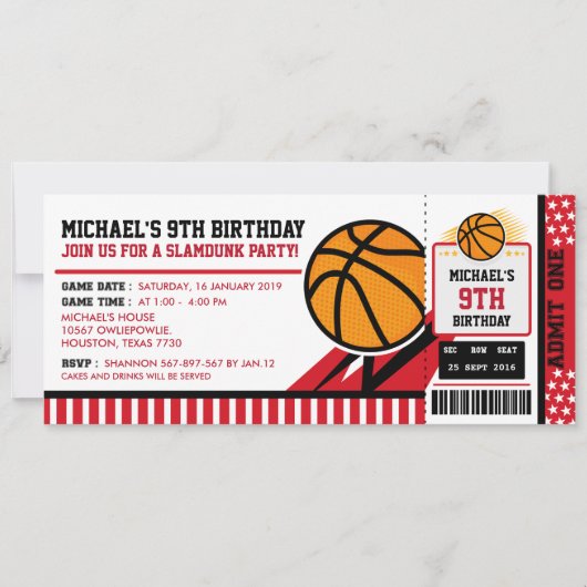 Basketball Ticket Pass Einladung zum Geburtstag (Vorderseite)