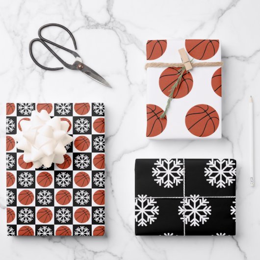 Basketball und Schneeflocken Schwarz-Weiß-Weihnach Geschenkpapier Set (Vorderseite)