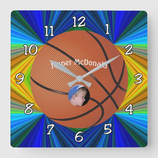 Basketball Viele Farben Bkgrd Foto personalisieren Quadratische Wanduhr (Vorderseite)