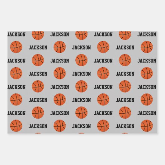 Basketballname Muster Kinder Grau Geschenkpapier Set (Vorderseite)