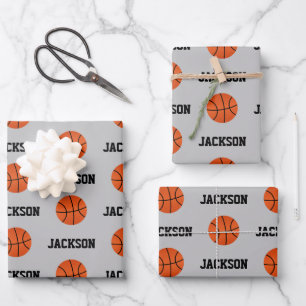 Basketballname Muster Kinder Grau Geschenkpapier Set