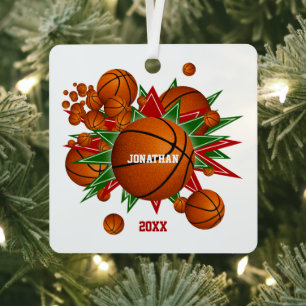 Basketballs grüne rote Sterne Jungs Mädchen halten Ornament Aus Metall