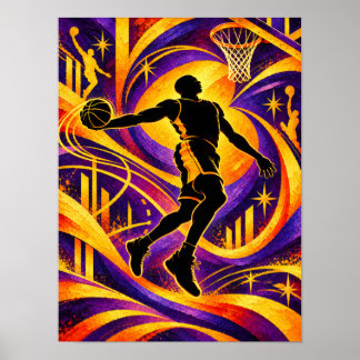 Basketballspieler, der auf den Korb Silhouette sch Poster