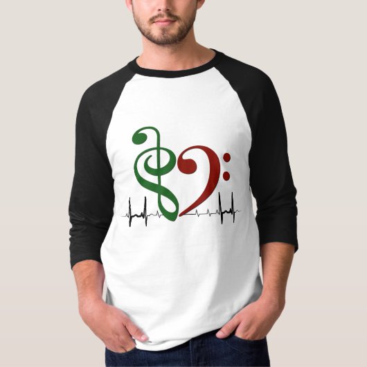 Bass Clef Heart EKG Waves Green & Ruby Red T-Shirt (Vorderseite)