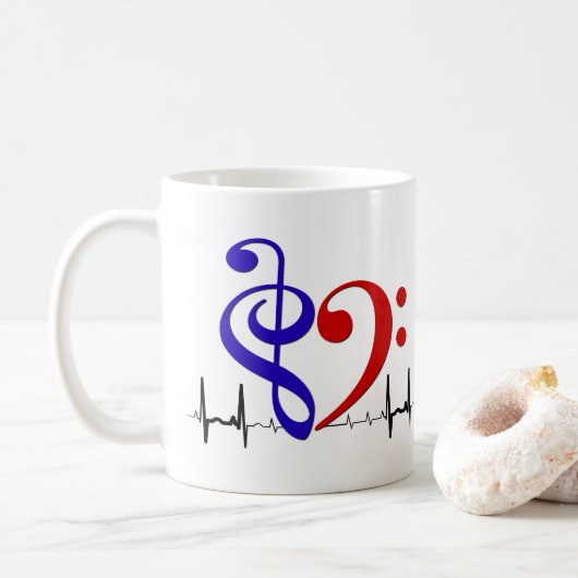 Bass Clef Heart EKG Waves Navy Blue & Red Kaffeetasse (Mit Donut)
