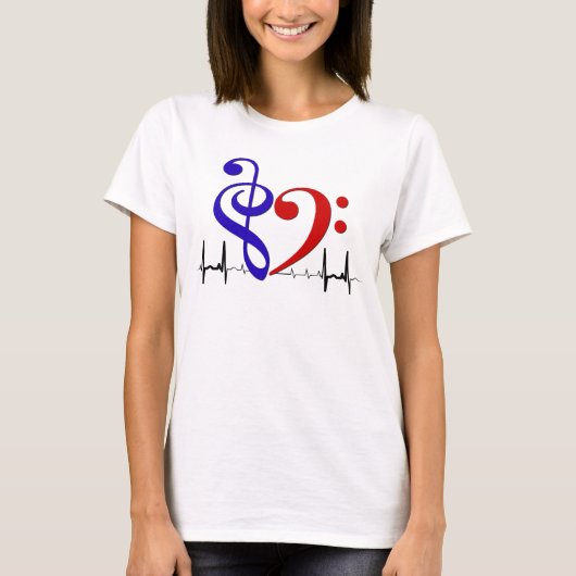 Bass Clef Heart EKG Waves Navy & Red T-Shirt (Vorderseite)