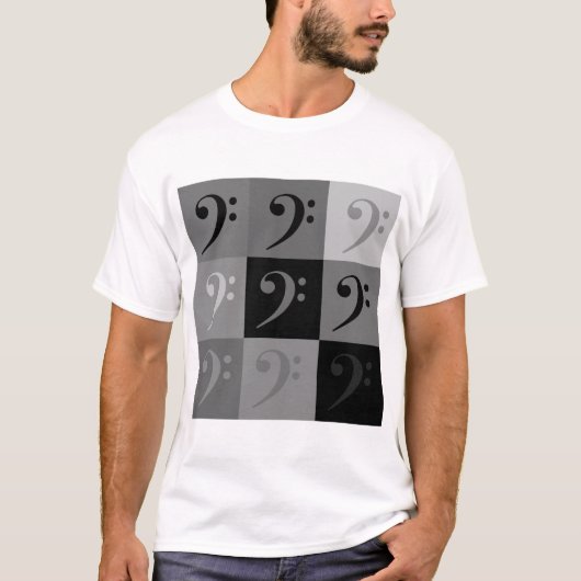 Bass Clef Muster in Schwarz und Grau T-Shirt (Vorderseite)