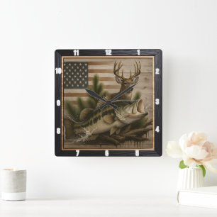 Bass Deer American Flag Quadratische Wanduhr