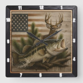 Bass Deer American Flag Quadratische Wanduhr (Vorderseite)