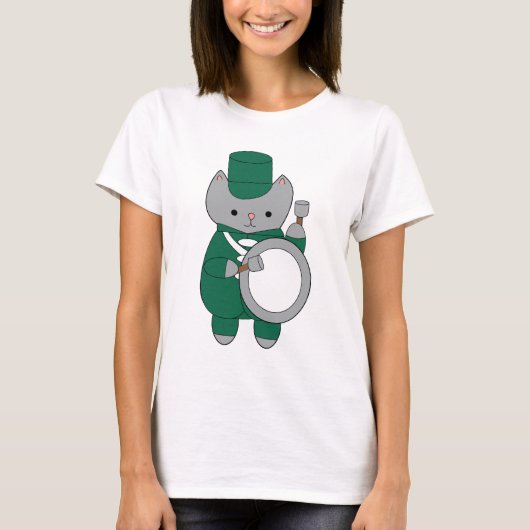 Bass Drummer Cat Marching Band Green White T-Shirt (Vorderseite)