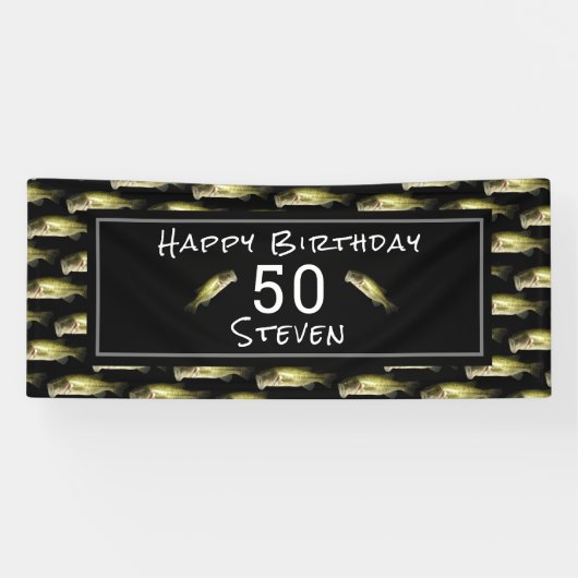 Bass Fishing 50. Geburtstag Schwarze Personalisier Banner (Horizontal)