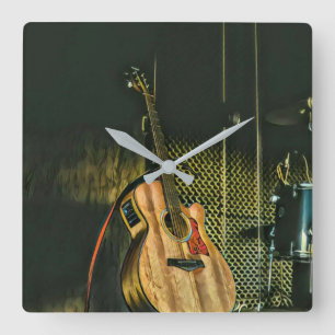 Bass guitar player quadratische wanduhr