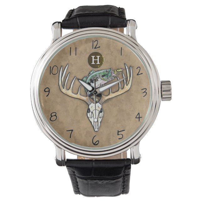 Bass Jumping über Big Rack Hirsch Skull Monogramm Armbanduhr (Vorderseite)