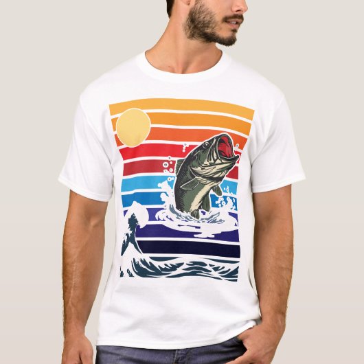 Bass Mouth Retro Sunset Jumping Fish T-Shirt (Vorderseite)