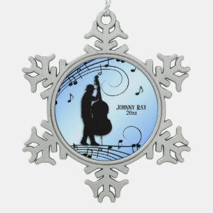 Bass Player Blue Persönlicher Name und Datum Schneeflocken Zinn-Ornament