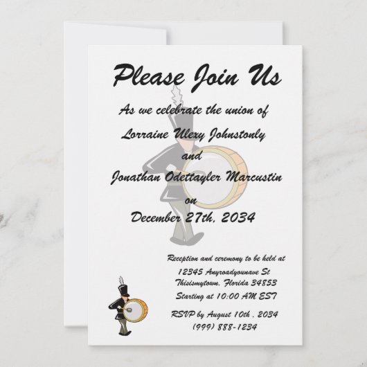 Bass-Schlagzeuger marschierendes schwarzes Einladung (Vorderseite)