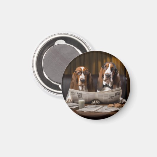 Basset hackt beim Lesen der Zeitung Magnet (Vorderseite/Rückseite)