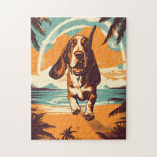 Basset Hound an einem tropischen Strand bei Sonnen Puzzle (Vertikal)