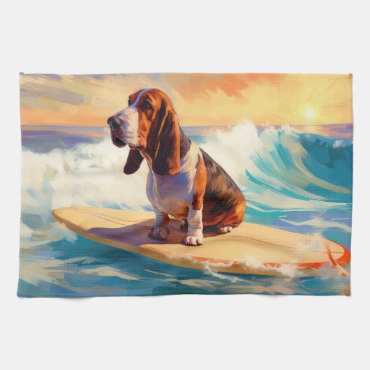Basset Hound Beach Surfen Malerei Geschirrtuch (Horizontal)