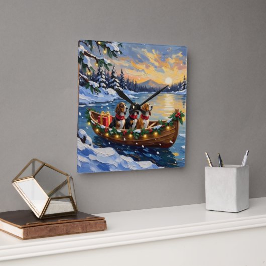 Basset Hound Christmas Boat Holiday Quadratische Wanduhr (Büro)