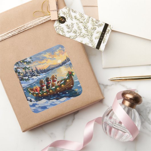 Basset Hound Christmas Boat Holiday Quadratischer Aufkleber (Schenken)