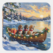 Basset Hound Christmas Boat Holiday Quadratischer Aufkleber (Vorderseite)