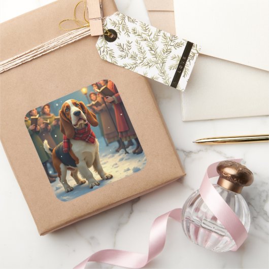 Basset Hound Christmas Carol Singers Painting Quadratischer Aufkleber (Schenken)