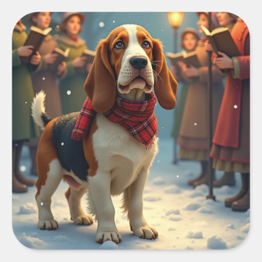 Basset Hound Christmas Carol Singers Painting Quadratischer Aufkleber (Vorderseite)