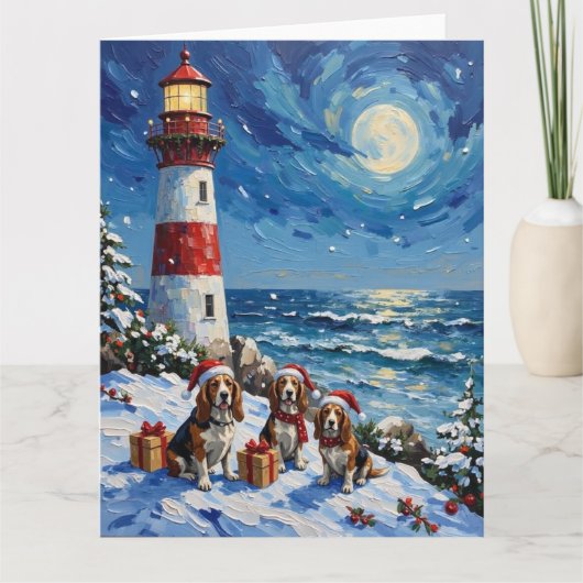 Basset Hound Christmas Lighthouse Holiday Karte (Vorderseite)